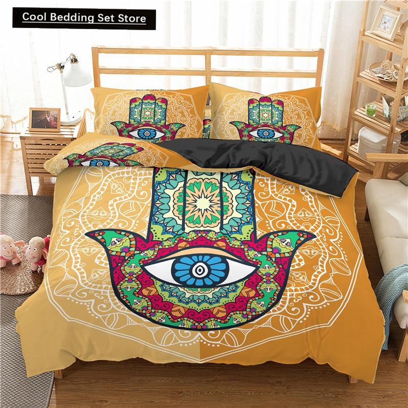 Comforter Hamsa Hand King Queen Gold Lucky Hand Of Fatima Bedding Set Black Boho Hippie Polyester Comforter