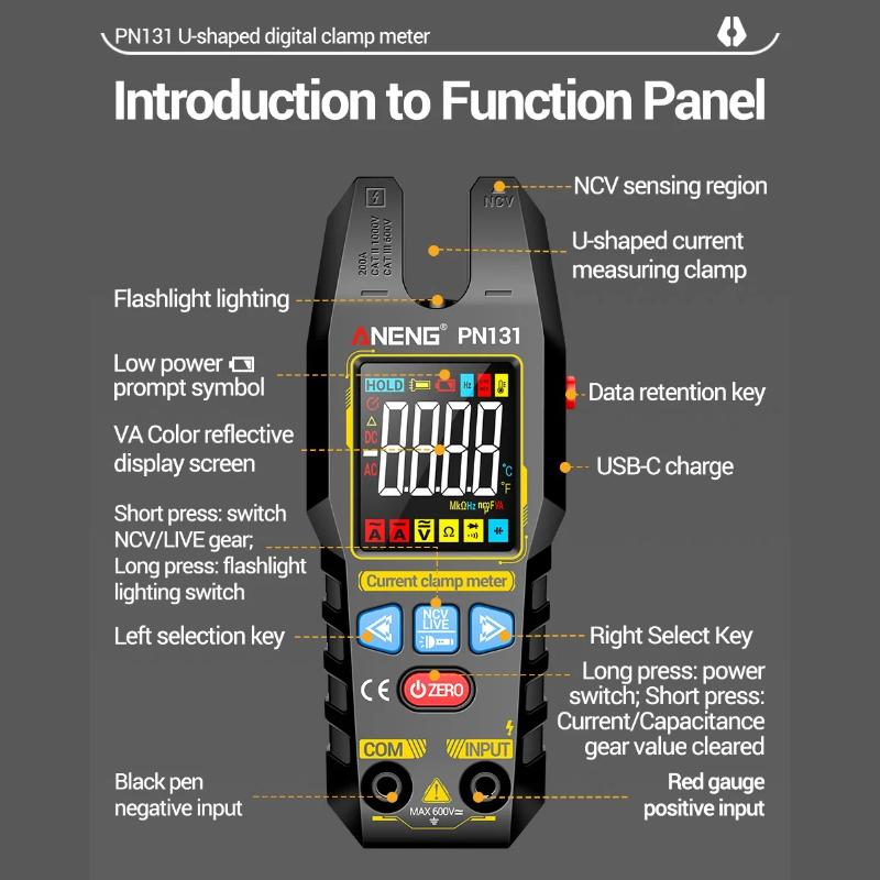 Automatic Digital Multimeter Portable AC/DC Current Voltage Resistance Capacitance Rechargeable NCV Clamp Meter Diode Tester U-shaped Pliers Burnproof
