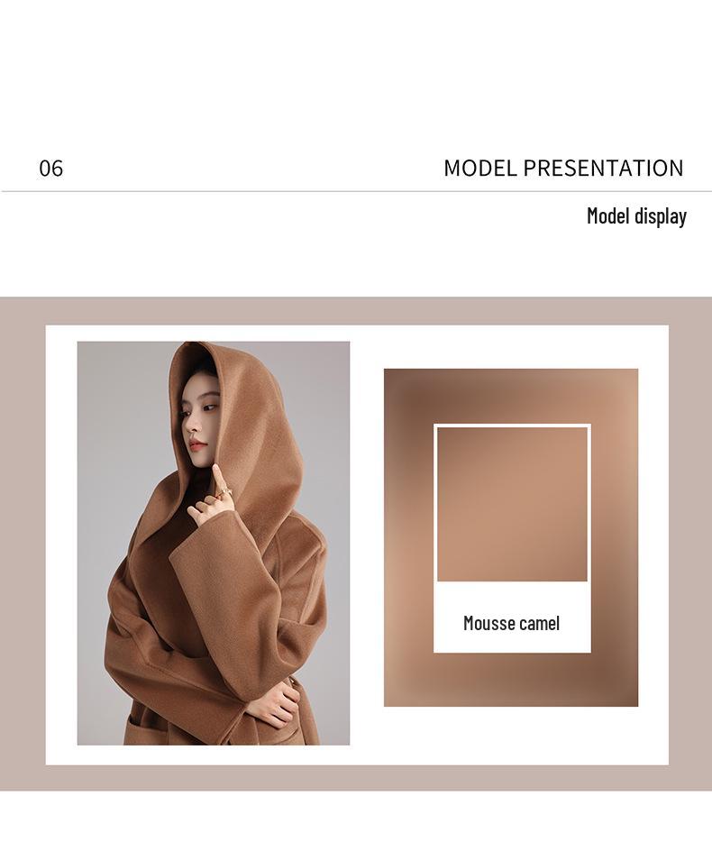 Пальто премиум-класса из двусторонней шерсти экстра-длины: С капюшоном, с поясом, повседневный силуэт люкс-класса с кашемиром