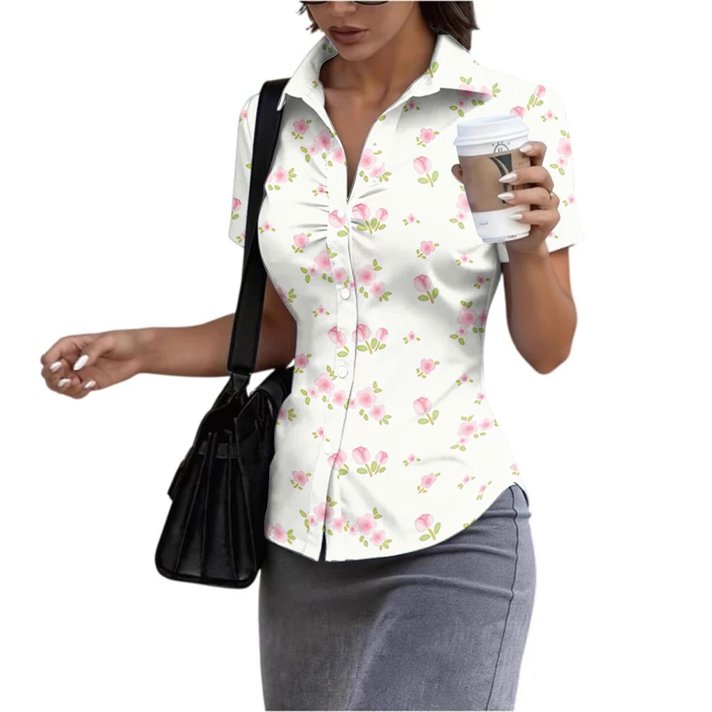 Women's Short Sleeve Button Down Shirt Slim Fit Collared Blouse Lightweight Casual Workwear Top for Summer