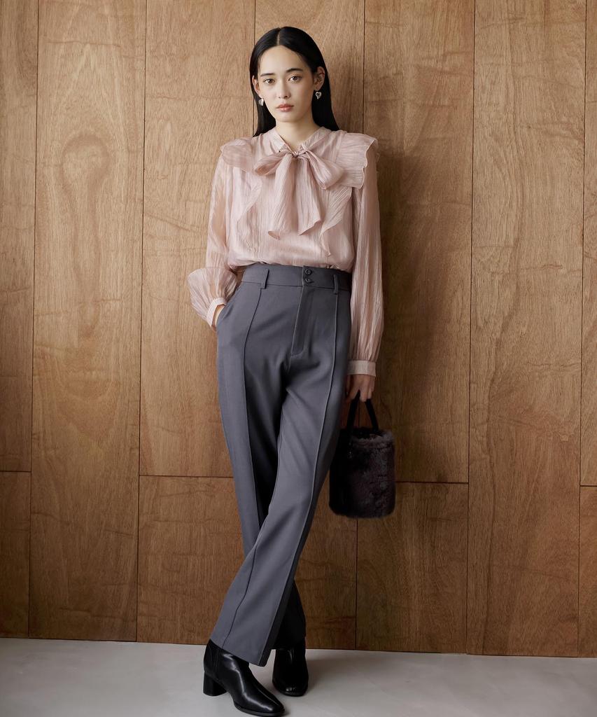 Bis Sheer Ribbon Long Sleeve Pink Women's Blouse, (63)