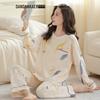 Женский пижамный комплект с длинными рукавами из чистого хлопка с двусторонней печатью - осенне-зимний корейский стиль, милый и свободный крой для дома или улицы