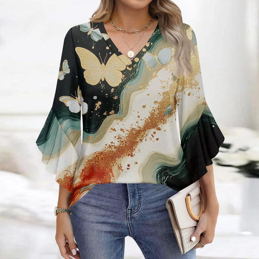 Блузки для женщин нарядные повседневные рукав 3/4 женские топы футболки с V-образным вырезом рубашки с расклешенным рукавом