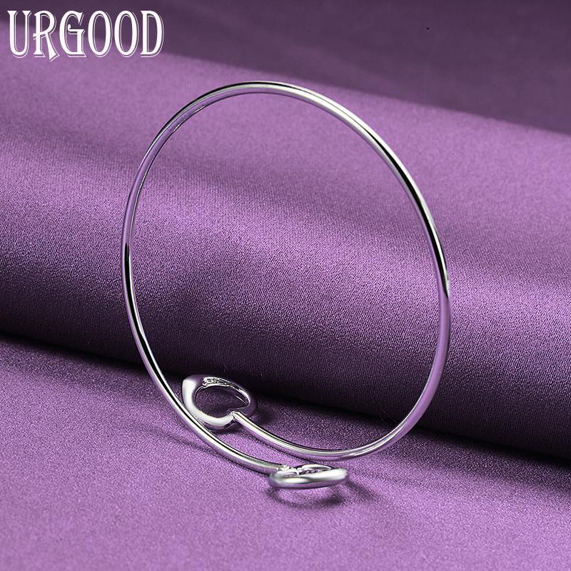 Ювелирные изделия из стерлингового серебра 925 пробы с двойным сердцем и открытым браслетом