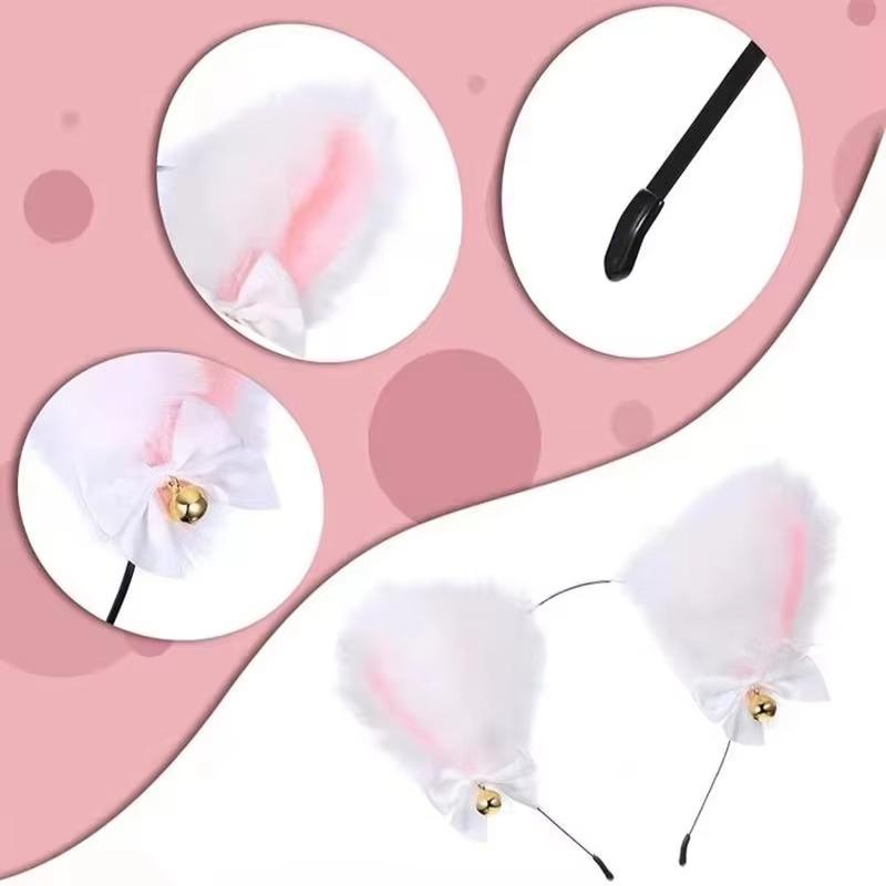 Милая плюшевая повязка на голову с кошачьими ушками, модная повязка на голову с бантом и колокольчиком для косплея, кружевное ожерелье с колокольчиком, комплект женских головных уборов для вечеринок