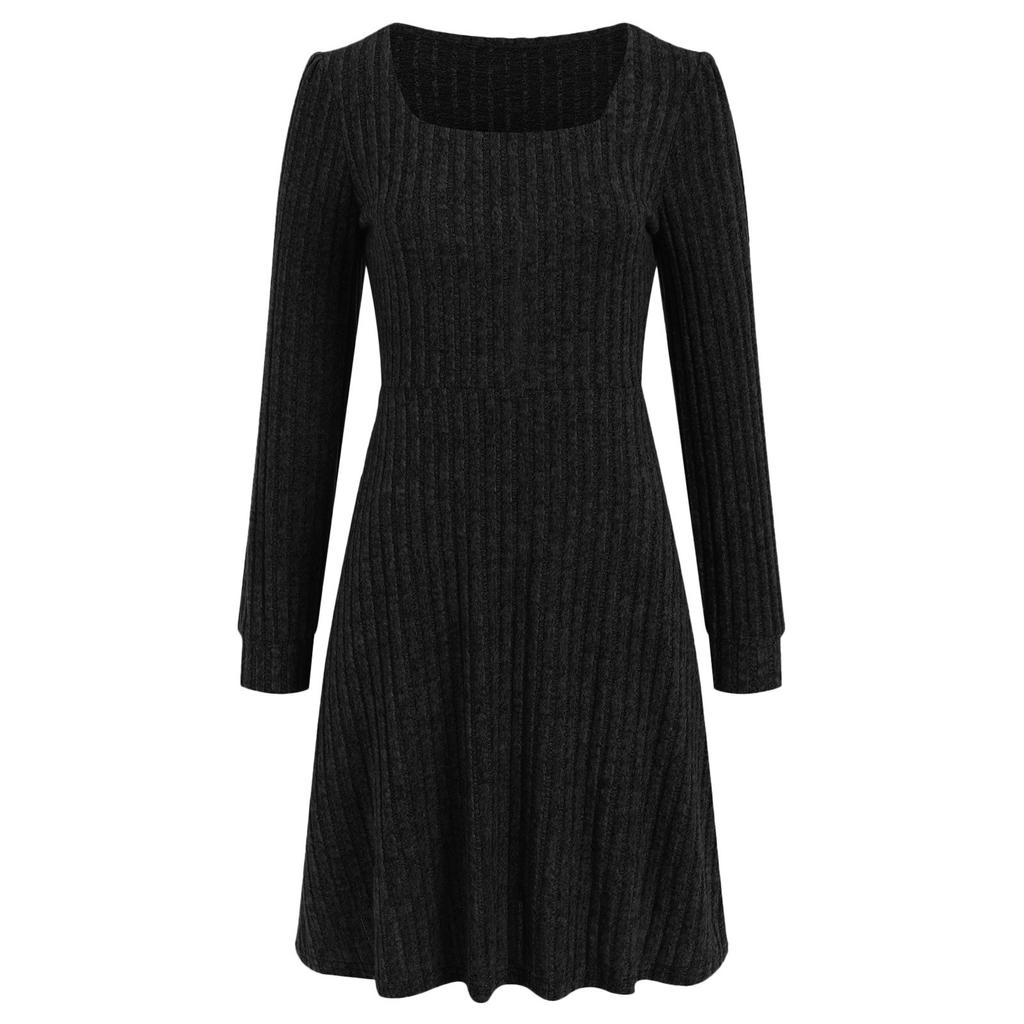 Женское трикотажное платье с длинными рукавами и карманами, квадратный вырез, облегающие платья, однотонное трикотажное элегантное платье для женщин