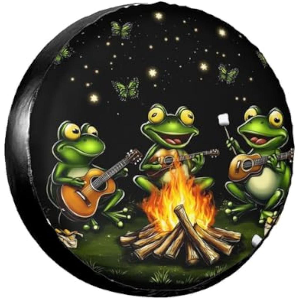 Funny Campfire Frogs Guitar Playing Tire Cover Waterproof Polyester Spare Wheel Protector RV SUV