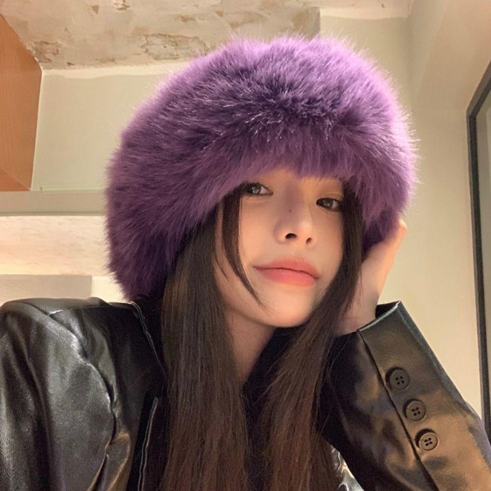 Korean Luxury Plush Hat Thicken Winter Fluffy Hats Fashion Faux Fur Bucket Hat Lady