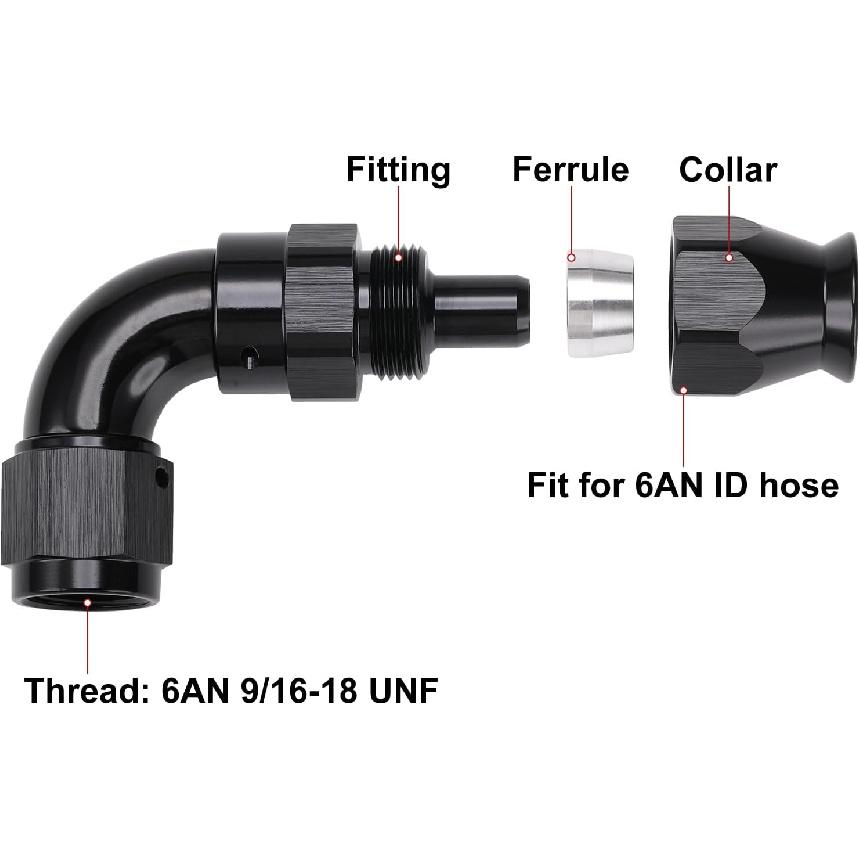 6AN PTFE Hose End Full Flow Fitting 90 Degree Elbow Swivel Aluminum Black