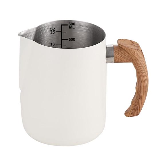 600/1000ML Milk Frothing Pitcher with Precise Scale Wooden Handle Dripless Spout Stainless Steel Latte Coffee Cup Milk