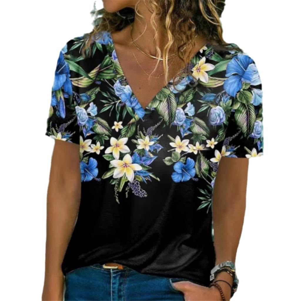 Летняя новая женская футболка с 3D-цветочным принтом, V-образным вырезом, коротким рукавом, модная свободная женская футболка, женская футболка 2000 года