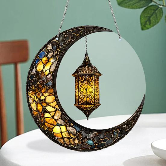 Crescent Moon Suncatcher 2D Stained Acrylic Sun Catcher Colorful Window Wall Hanging Ornament for Home Front Porch Garden Balcony