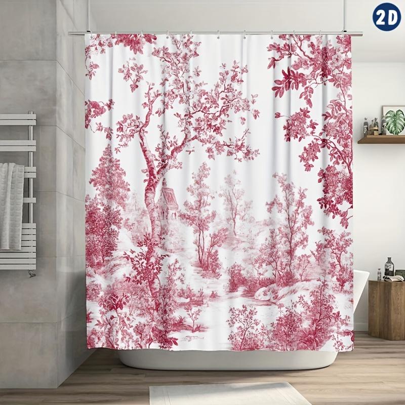 1 шт. Французская шторка для душа Toile De Jouy с вишневым цветением - Розовый цветочный узор с клетчатыми крючками, Прочный, поддающийся машинной стирке, Комплект
