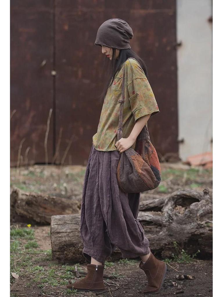 Женская футболка с коротким рукавом из хлопка и льна с пескоструйной обработкой в винтажном стиле