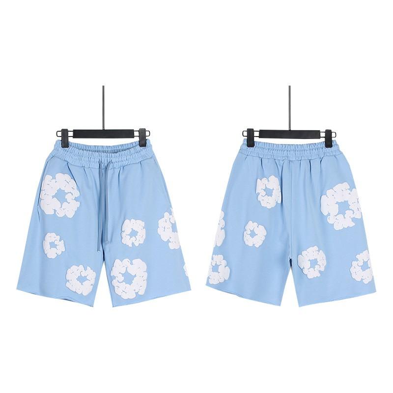 Men Women Streetwear Oversized Denim Shorts With Cotton Puff Floral Print Loose Fit Short Pants