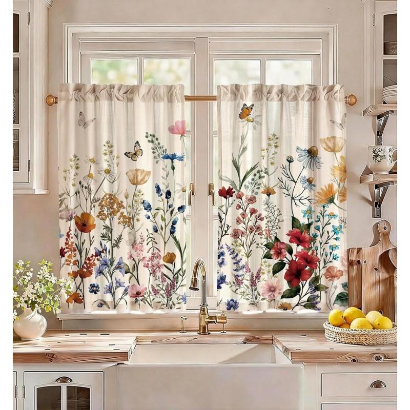 Floral Print Semi Sheer Curtain Panel Kitchen Bedroom Living Room Decor Small Fresh Style Short Window Treatment