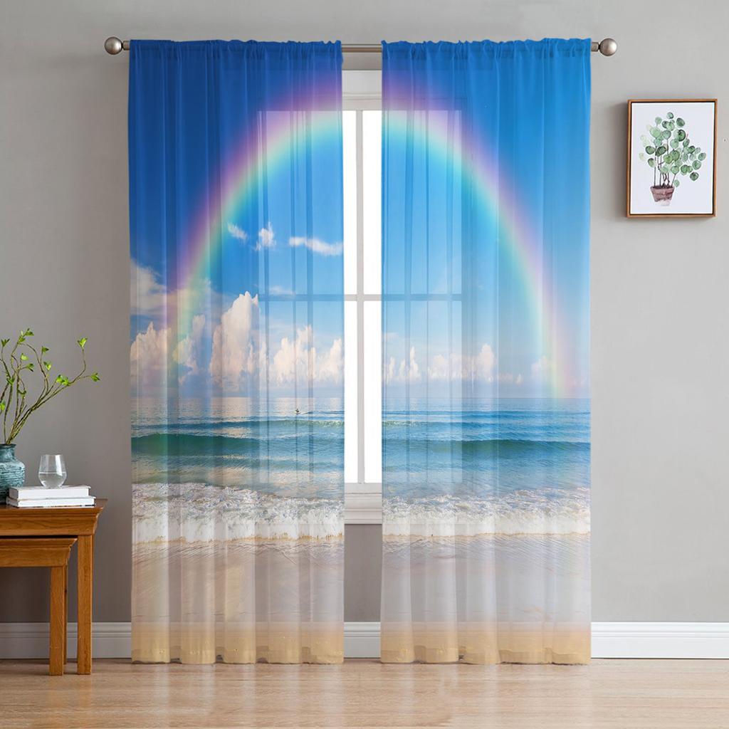 Beach Sky Clouds Coconut Trees Sea Landscape Curtains Tulle For Living Room Bedroom Kitchen Chiffon Sheer Window Treatment Decor
