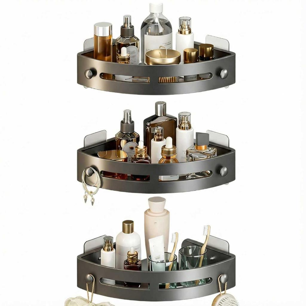 Набор из 3 шт. Серый Треугольный душевой органайзер на присосках из АБС-пластика, 3-уровневые угловые полки, Органайзер для ванной комнаты без сверления, Крючок для полотенец, Стеллаж для хранения туалетных принадлежностей