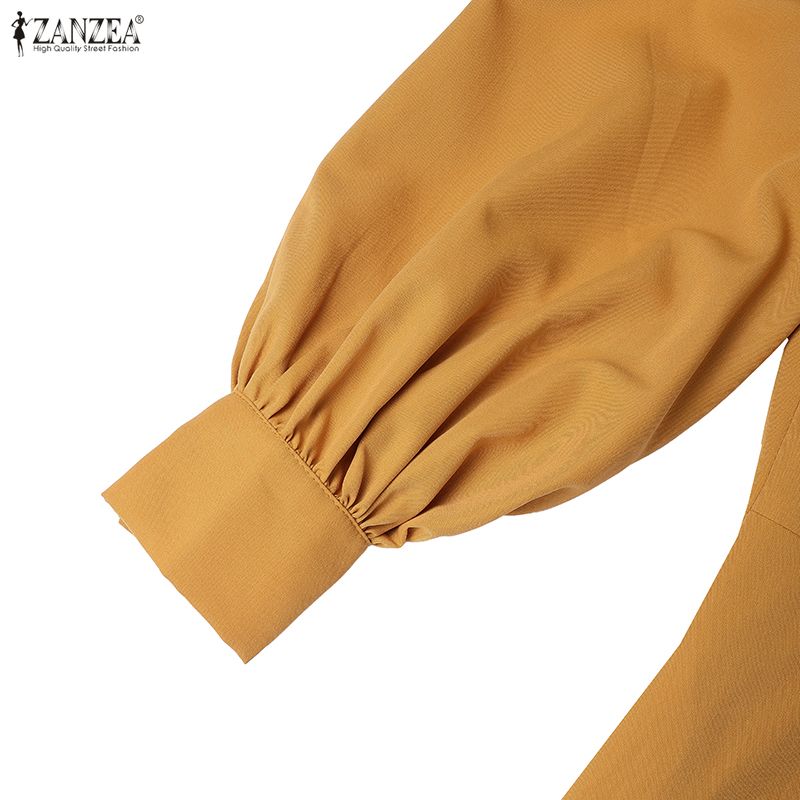 ZANZEA Элегантное женское платье с воротником-стойкой, пышными рукавами на пуговицах, приталенным силуэтом, повседневное, свободное, длинное, плиссированное