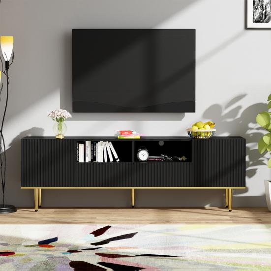 TV Furniture Cabinet Spacious Countertop with 2 Doors Compartments Drawers Golden Entertainment Center Feet Mid Century Modern Stand Living