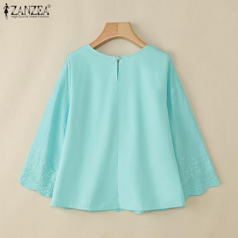 ZANZEA Женская повседневная блузка с круглым вырезом, рукавом 3/4, свободного кроя, с вышивкой