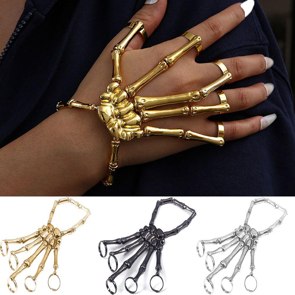 Metal Wristband Punk Gothic Elasticity Adjustable Hand Bracelet Halloween Bangle with Ring Skull Skeleton