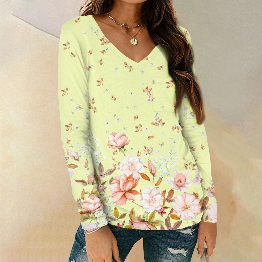 Женская мода повседневная блузка с длинным рукавом и цветочным принтом, V-образным вырезом и карманами