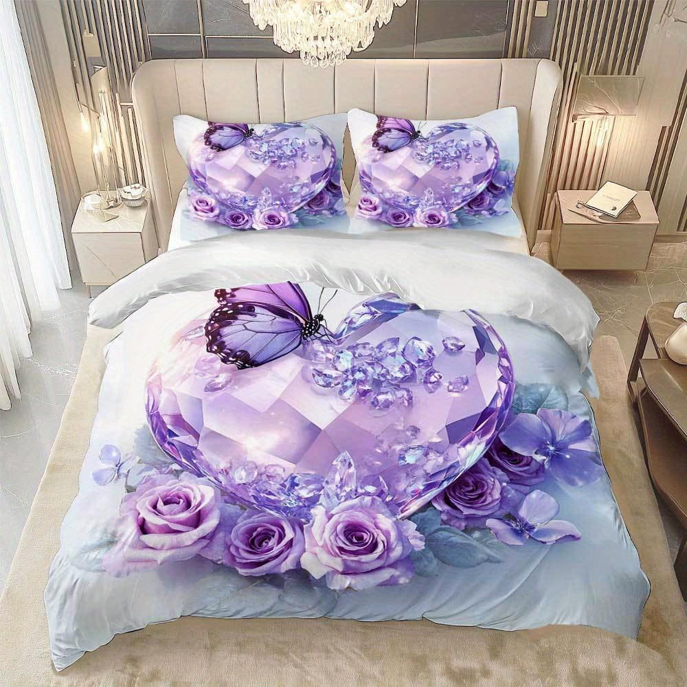3pcs Purple Bedding Set Diamond Heart Rose Butterfly 3D Print Cozy Duvet Cover King Queen Twin Size Birthday Gift Bedroom Decor