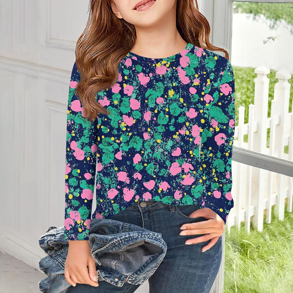 Футболки с длинным рукавом для девочек, детские осенние топы с круглым вырезом и принтом, базовые футболки для детей 5–14 лет