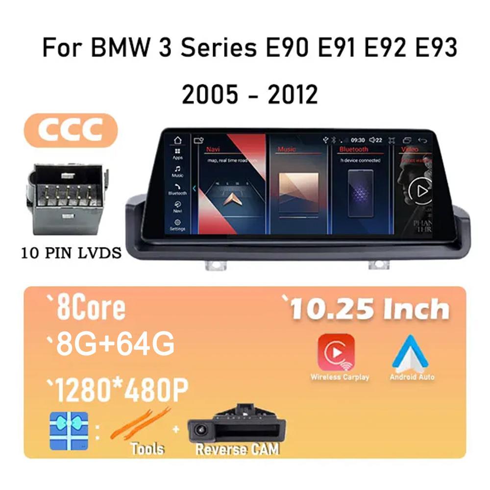 10,25-дюймовый IPS-экран, автомобильное радио, стереовидеоплеер, GPS-навигация для BMW 3 серии E90 E91 E92 E93 2005 - 2012, система Android 14