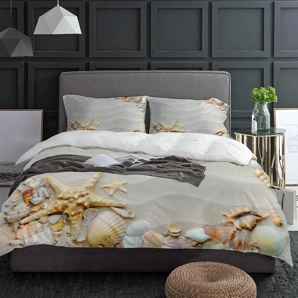Пляжный песок Волны Морская звезда Ракушка Раковина Постельный комплект 3 предмета Пододеяльник Наволочка Детский Взрослый Покрывало Комплект Двуспальный Домашний текстиль