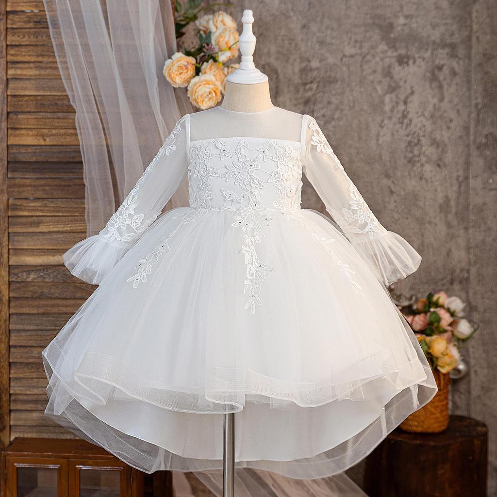 Children's Long Sleeve Evening Dress with Appliqué Mesh Puff Skirt