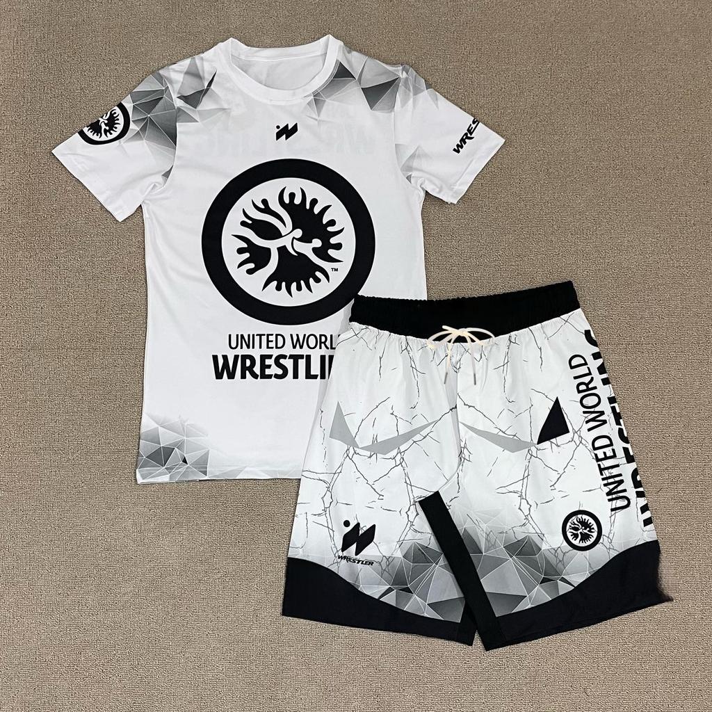 2026 Новый Спортивный Комплект United World Wrestling Мужской Детский Черно-Белая Футболка и Шорты Быстросохнущий Боевой Костюм для Тренировок MMA