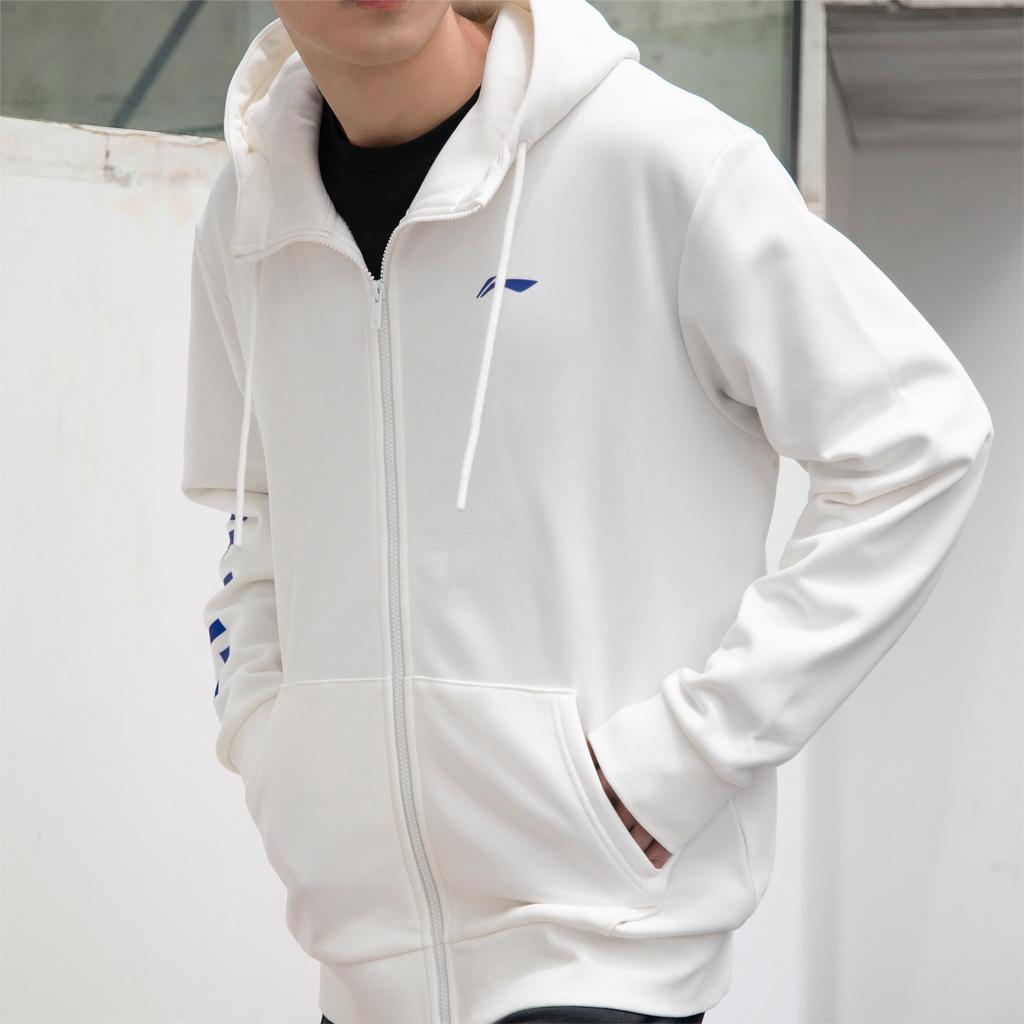 Толстовка мужская с капюшоном и застежкой-молнией из флиса с принтом логотипа Li Ning, цвет белый YWDT307-1