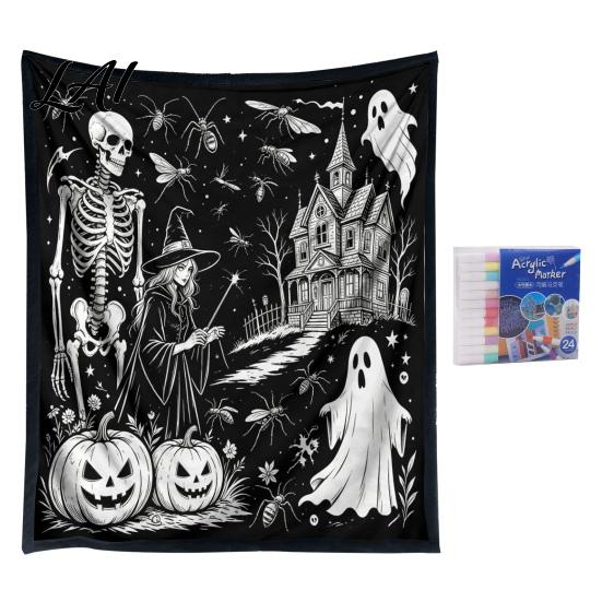Relaxing Hobby for Home Decor Halloween DIY Coloring Blanket with 24 Markers Washable Throw Blanket Color Stress Relief Craft Projects Your
