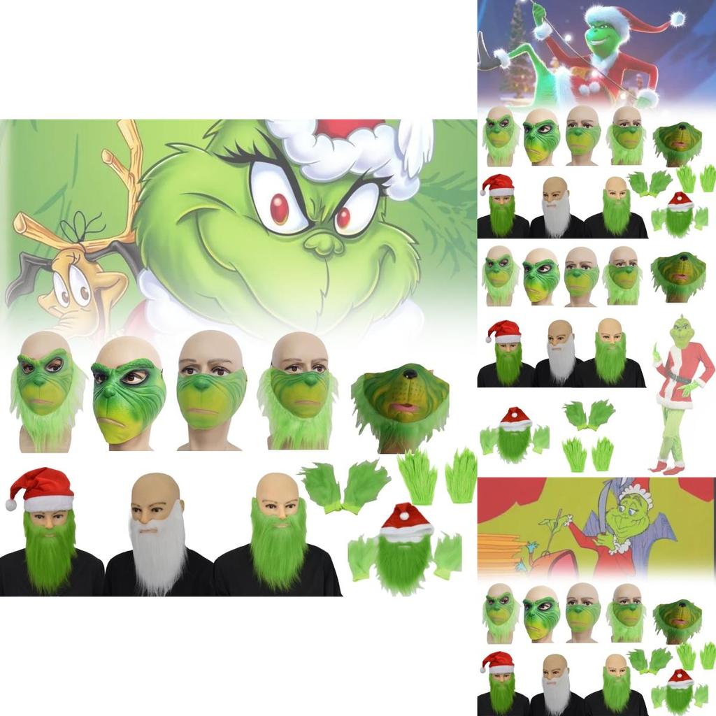 Маска Гринча на пол-лица с зелеными волосами и причудливым дизайном для рождественских празднований
