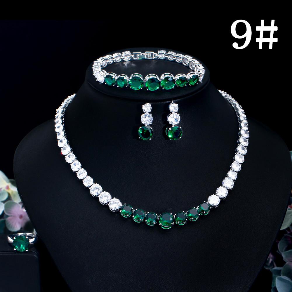 CMM 4PS Роскошный комплект свадебных украшений, ожерелье, кольцо, серьги, браслет, сапфировый цвет/рубиновый цвет, цирконий