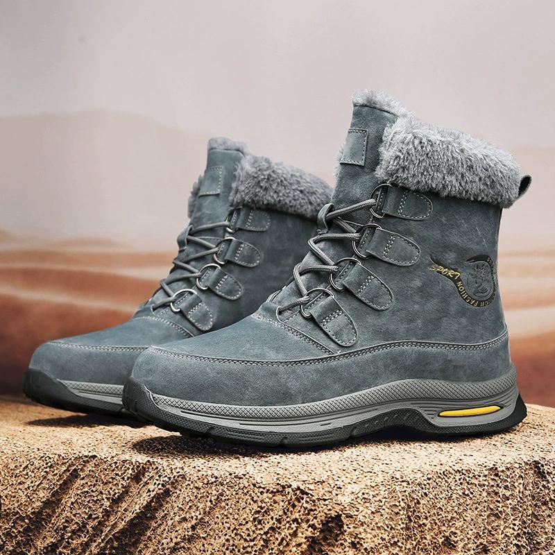 Real Leather Men's Snow Boots with Fleece for Winter Insulation and Warmth, Thick Soled Outdoor Men's Shoes, High Top Boots, Cotton Shoes