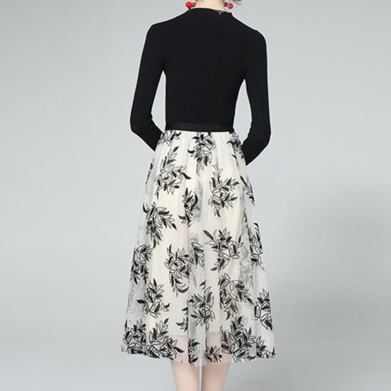 Women A-Line Skirt 3D Embroidered Leaf Print Double-Layered Mesh Tulle High Waist Midi Skirt