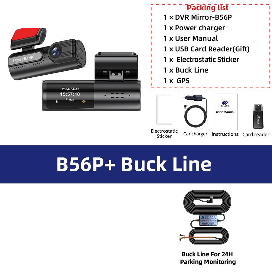 Dash Cam 4K Camera Driving Recorder 1080P Rear Camera Supports GPS WIFI 24H Parking Night Vision Monitoring Black Box