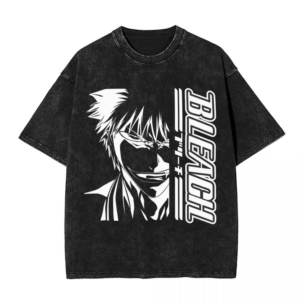 Bleach Kurosaki Ichigo Manga Print Tshirt Vintage Washed Oversized T Shirt Men Women Clothing Casual Cotton Short Sleeve Tees