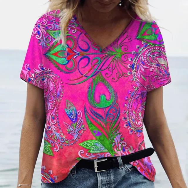 Fashion V-neck Women T-Shirt 3D Peacock Feather Graphic Short Sleeve Tees Oversized Y2k Tops Summer Street Casual Female T Shirt