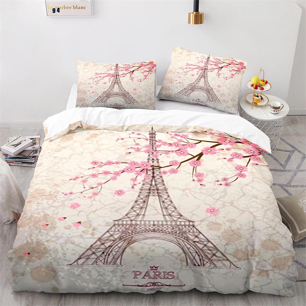 Paris Eiffel Tower Themed Duvet Cover Set City Landscape Sky Cloud Comforter Cover Home Decor Romantic Bedspread Cover King Size