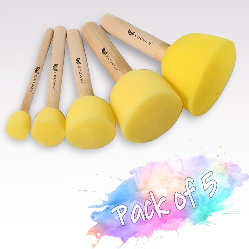 Eduway 5 Pcs Round Stencil Foam Sponge Dabber Set with Wooden Handle Brush Set for Art & Craft, Wall Paintings | Stipple
