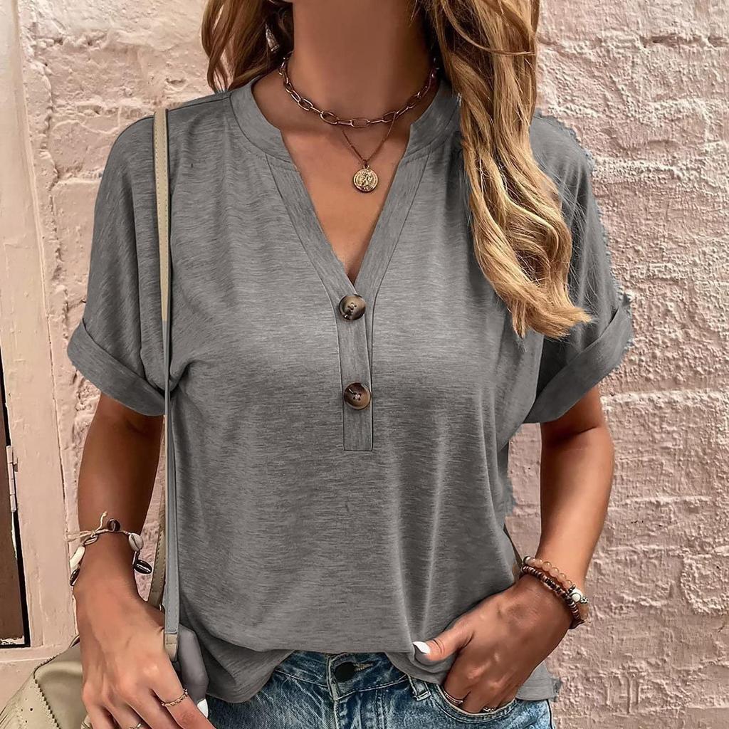 Модные женские свободные летние простые повседневные топы с V-образным вырезом и пуговицами с короткими рукавами