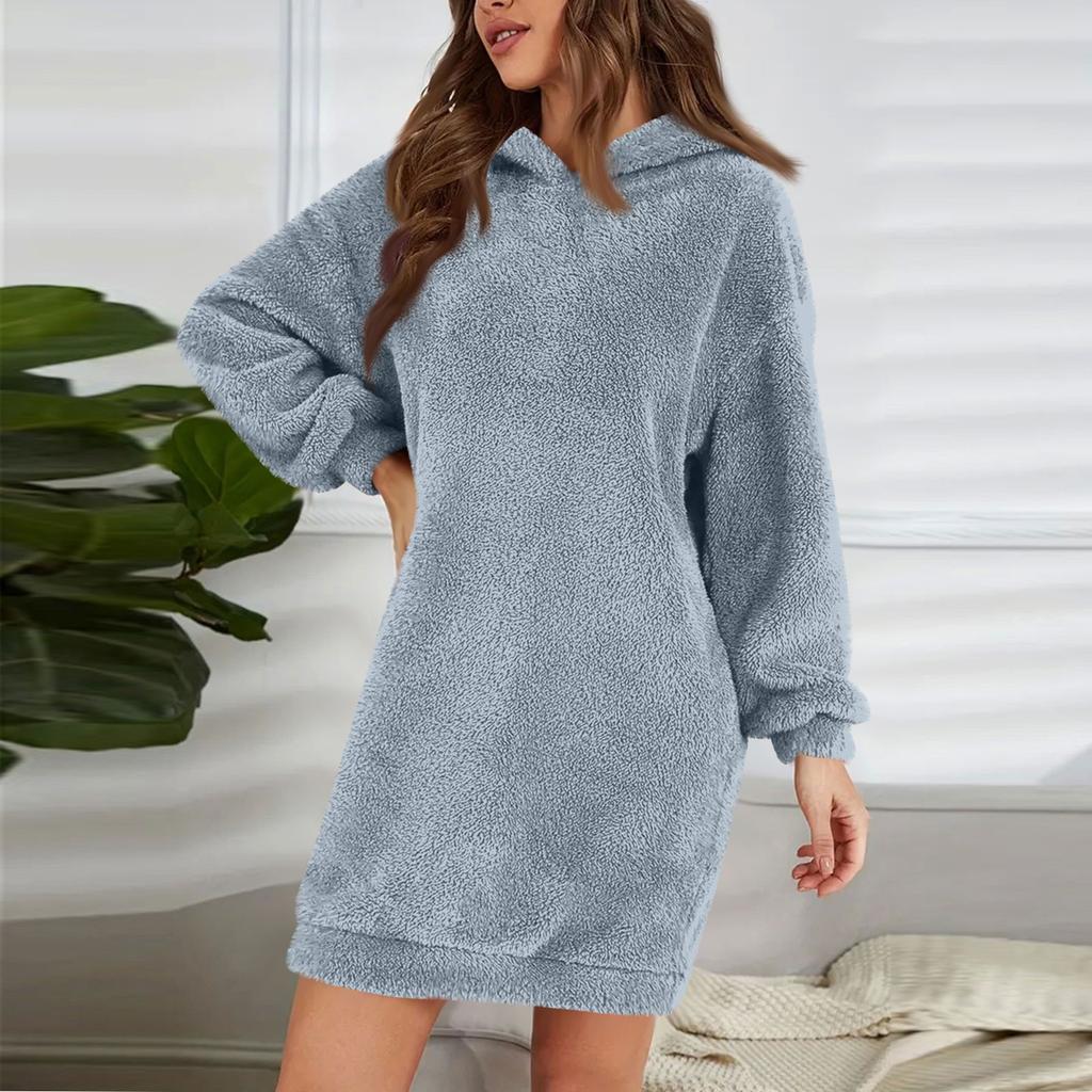 Женское модное однотонное плюшевое платье с капюшоном и длинными рукавами, свободная повседневная толстовка