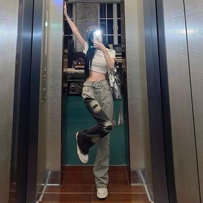 Ретро джинсы мужские осенние новые стильные взрывные уличные хулиганские красивые повседневные брюки для подростков свободные прямые широкие мужские брюки