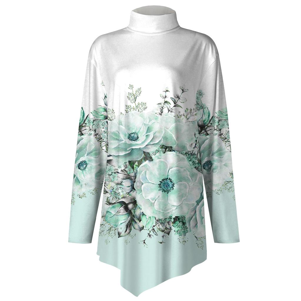 Casual Fashion Floral Print Shirt Tops High Neck Irregular Hem Long Sleeve Pullover Tops