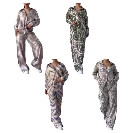 2 шт./комплект женский рубашка брюки комплект домашняя одежда наряд с принтом отложной воротник длинный рукав топ широкие брюки эластичный пояс свободные брюки одежда для поездок на работу