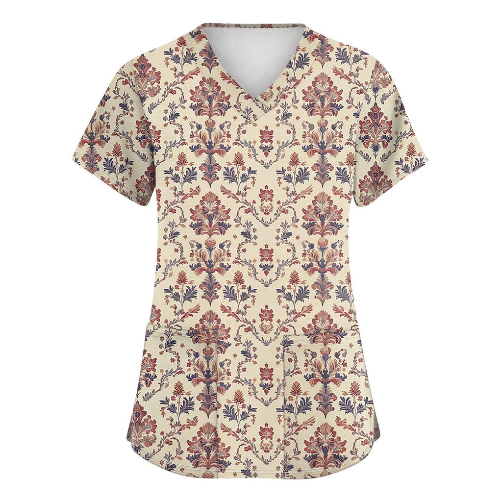 Women's Fashion V-neck Short Sleeve Workwear With Pockets Printed Tops
